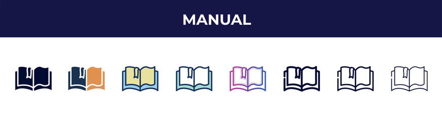 Poster - manual icon in 8 styles. line, filled, glyph, thin outline, colorful, stroke and gradient styles, manual vector sign. symbol, logo illustration. different style icons set.