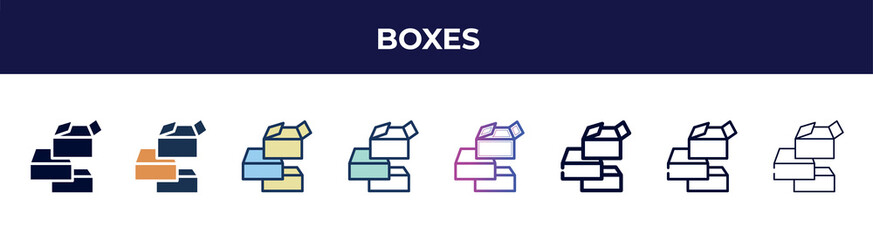 Poster - boxes icon in 8 styles. line, filled, glyph, thin outline, colorful, stroke and gradient styles, boxes vector sign. symbol, logo illustration. different style icons set.