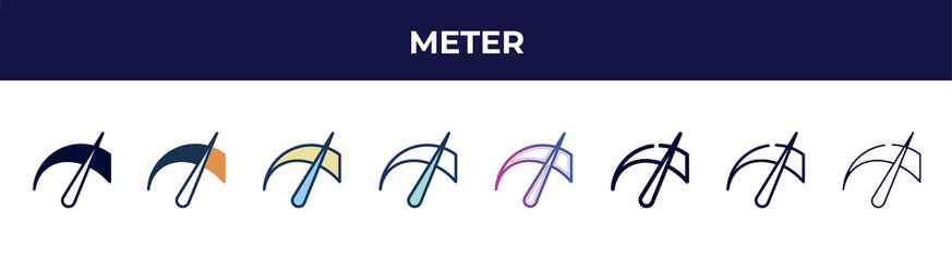 Poster - meter icon in 8 styles. line, filled, glyph, thin outline, colorful, stroke and gradient styles, meter vector sign. symbol, logo illustration. different style icons set.