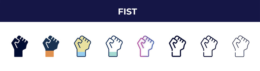 Poster - fist icon in 8 styles. line, filled, glyph, thin outline, colorful, stroke and gradient styles, fist vector sign. symbol, logo illustration. different style icons set.