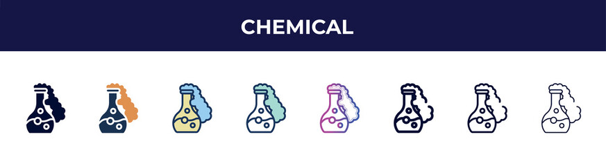 Poster - chemical icon in 8 styles. line, filled, glyph, thin outline, colorful, stroke and gradient styles, chemical vector sign. symbol, logo illustration. different style icons set.