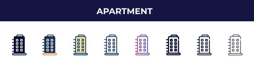 Aufkleber - apartment icon in 8 styles. line, filled, glyph, thin outline, colorful, stroke and gradient styles, apartment vector sign. symbol, logo illustration. different style icons set.