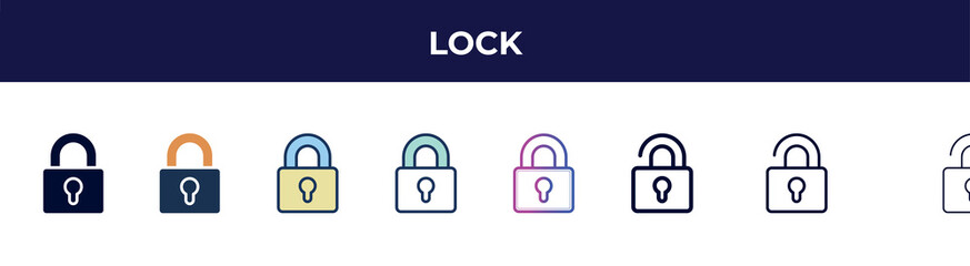 Poster - lock icon in 8 styles. line, filled, glyph, thin outline, colorful, stroke and gradient styles, lock vector sign. symbol, logo illustration. different style icons set.