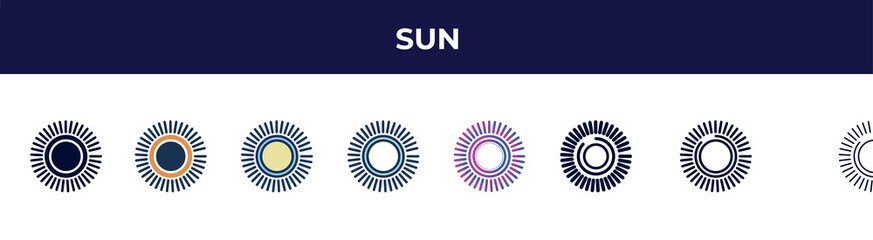 Poster - sun icon in 8 styles. line, filled, glyph, thin outline, colorful, stroke and gradient styles, sun vector sign. symbol, logo illustration. different style icons set.