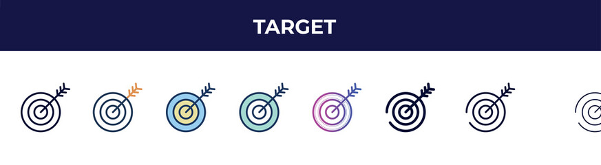 Poster - target icon in 8 styles. line, filled, glyph, thin outline, colorful, stroke and gradient styles, target vector sign. symbol, logo illustration. different style icons set.
