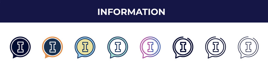 Poster - information icon in 8 styles. line, filled, glyph, thin outline, colorful, stroke and gradient styles, information vector sign. symbol, logo illustration. different style icons set.