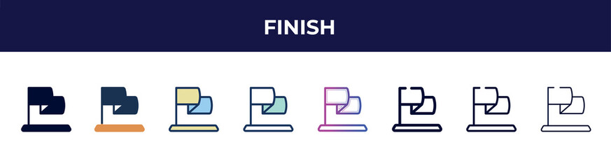 Poster - finish icon in 8 styles. line, filled, glyph, thin outline, colorful, stroke and gradient styles, finish vector sign. symbol, logo illustration. different style icons set.