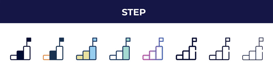 Poster - step icon in 8 styles. line, filled, glyph, thin outline, colorful, stroke and gradient styles, step vector sign. symbol, logo illustration. different style icons set.