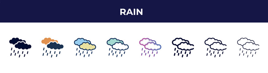 Aufkleber - rain icon in 8 styles. line, filled, glyph, thin outline, colorful, stroke and gradient styles, rain vector sign. symbol, logo illustration. different style icons set.
