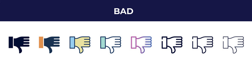 Poster - bad icon in 8 styles. line, filled, glyph, thin outline, colorful, stroke and gradient styles, bad v