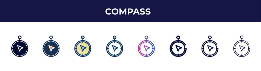 Poster - compass icon in 8 styles. line, filled, glyph, thin outline, colorful, stroke and gradient styles, compass vector sign. symbol, logo illustration. different style icons set.