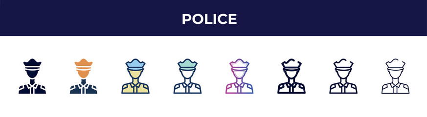 Poster - police icon in 8 styles. line, filled, glyph, thin outline, colorful, stroke and gradient styles, police vector sign. symbol, logo illustration. different style icons set.