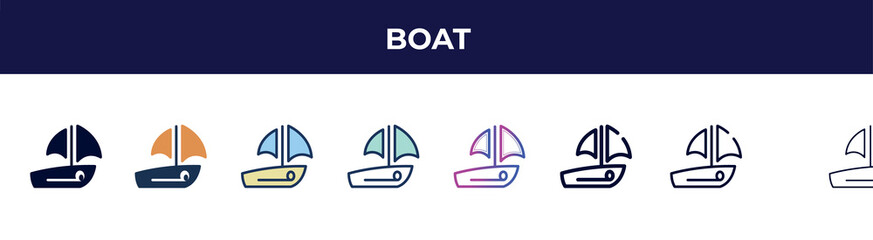 boat icon in 8 styles. line, filled, glyph, thin outline, colorful, stroke and gradient styles, boat vector sign. symbol, logo illustration. different style icons set.