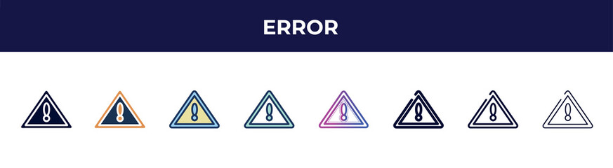 Aufkleber - error icon in 8 styles. line, filled, glyph, thin outline, colorful, stroke and gradient styles, error vector sign. symbol, logo illustration. different style icons set.