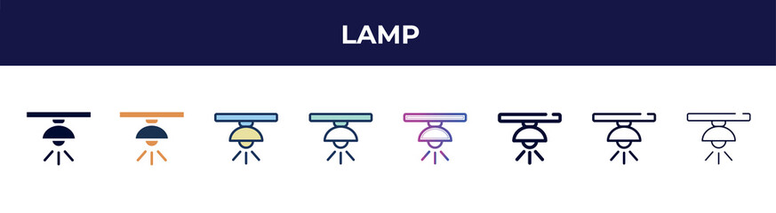 Poster - lamp icon in 8 styles. line, filled, glyph, thin outline, colorful, stroke and gradient styles, lamp vector sign. symbol, logo illustration. different style icons set.