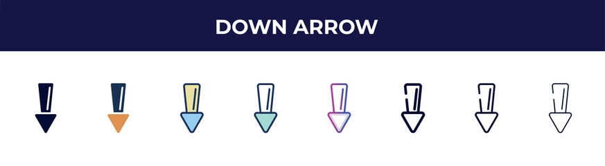Poster - down arrow icon in 8 styles. line, filled, glyph, thin outline, colorful, stroke and gradient styles, down arrow vector sign. symbol, logo illustration. different style icons set.