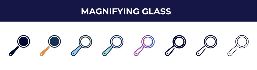 Poster - magnifying glass icon in 8 styles. line, filled, glyph, thin outline, colorful, stroke and gradient styles, magnifying glass vector sign. symbol, logo illustration. different style icons set.
