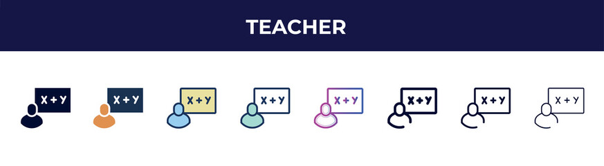 Poster - teacher icon in 8 styles. line, filled, glyph, thin outline, colorful, stroke and gradient styles, teacher vector sign. symbol, logo illustration. different style icons set.