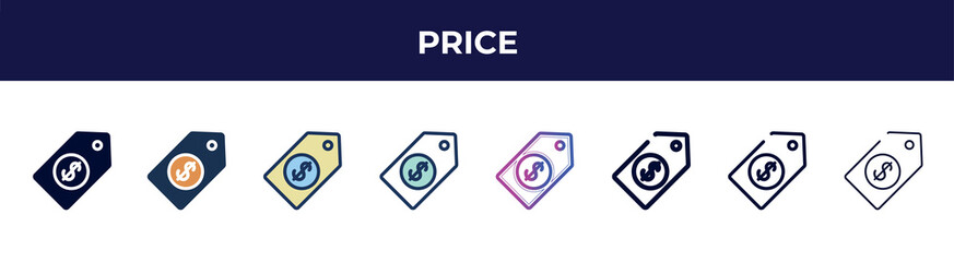 Poster - price icon in 8 styles. line, filled, glyph, thin outline, colorful, stroke and gradient styles, price vector sign. symbol, logo illustration. different style icons set.