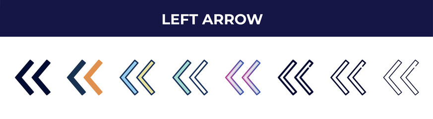 Aufkleber - left arrow icon in 8 styles. line, filled, glyph, thin outline, colorful, stroke and gradient styles, left arrow vector sign. symbol, logo illustration. different style icons set.