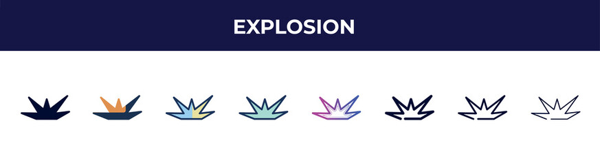 Poster - explosion icon in 8 styles. line, filled, glyph, thin outline, colorful, stroke and gradient styles, explosion vector sign. symbol, logo illustration. different style icons set.