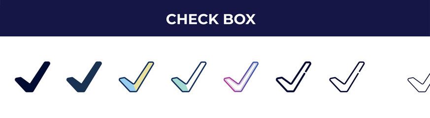 Poster - check box icon in 8 styles. line, filled, glyph, thin outline, colorful, stroke and gradient styles,