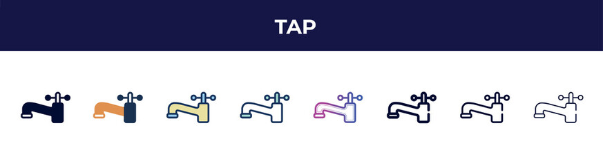 Poster - tap icon in 8 styles. line, filled, glyph, thin outline, colorful, stroke and gradient styles, tap vector sign. symbol, logo illustration. different style icons set.