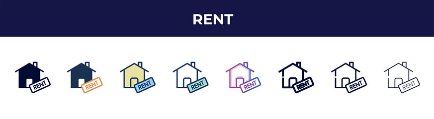 Aufkleber - rent icon in 8 styles. line, filled, glyph, thin outline, colorful, stroke and gradient styles, rent vector sign. symbol, logo illustration. different style icons set.
