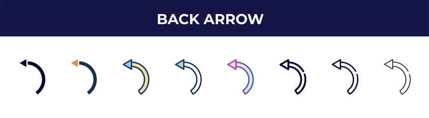 Poster - back arrow icon in 8 styles. line, filled, glyph, thin outline, colorful, stroke and gradient styles, back arrow vector sign. symbol, logo illustration. different style icons set.
