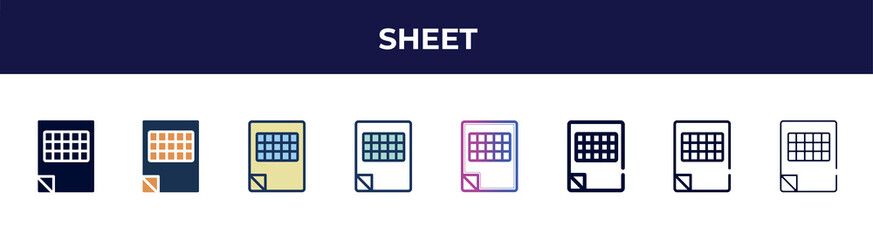 Poster - sheet icon in 8 styles. line, filled, glyph, thin outline, colorful, stroke and gradient styles, sheet vector sign. symbol, logo illustration. different style icons set.