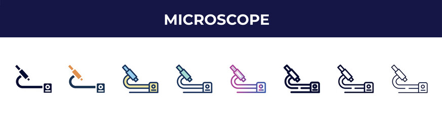 Poster - microscope icon in 8 styles. line, filled, glyph, thin outline, colorful, stroke and gradient styles, microscope vector sign. symbol, logo illustration. different style icons set.