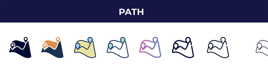 Poster - path icon in 8 styles. line, filled, glyph, thin outline, colorful, stroke and gradient styles, path vector sign. symbol, logo illustration. different style icons set.