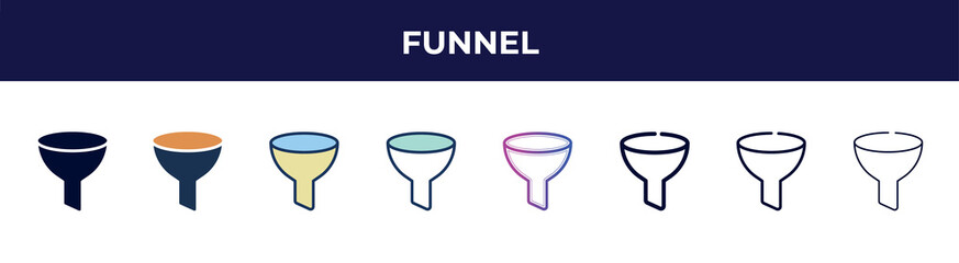 Aufkleber - funnel icon in 8 styles. line, filled, glyph, thin outline, colorful, stroke and gradient styles, funnel vector sign. symbol, logo illustration. different style icons set.