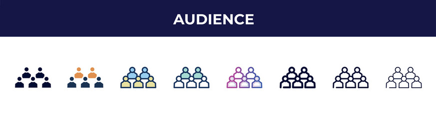 Poster - audience icon in 8 styles. line, filled, glyph, thin outline, colorful, stroke and gradient styles, audience vector sign. symbol, logo illustration. different style icons set.