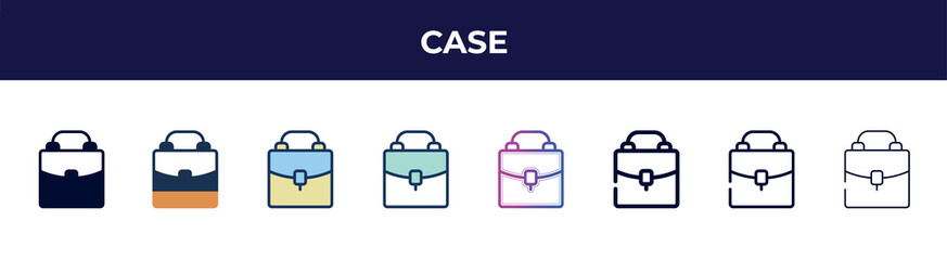 Poster - case icon in 8 styles. line, filled, glyph, thin outline, colorful, stroke and gradient styles, case vector sign. symbol, logo illustration. different style icons set.