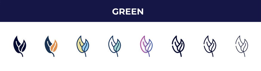 Poster - green icon in 8 styles. line, filled, glyph, thin outline, colorful, stroke and gradient styles, green vector sign. symbol, logo illustration. different style icons set.