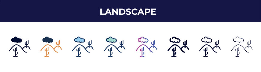 Poster - landscape icon in 8 styles. line, filled, glyph, thin outline, colorful, stroke and gradient styles, landscape vector sign. symbol, logo illustration. different style icons set.