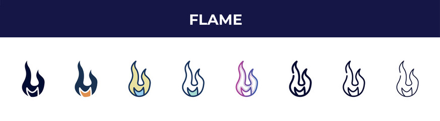 Poster - flame icon in 8 styles. line, filled, glyph, thin outline, colorful, stroke and gradient styles, flame vector sign. symbol, logo illustration. different style icons set.