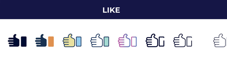 Aufkleber - like icon in 8 styles. line, filled, glyph, thin outline, colorful, stroke and gradient styles, like vector sign. symbol, logo illustration. different style icons set.