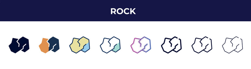 Poster - rock icon in 8 styles. line, filled, glyph, thin outline, colorful, stroke and gradient styles, rock vector sign. symbol, logo illustration. different style icons set.