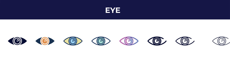 Poster - eye icon in 8 styles. line, filled, glyph, thin outline, colorful, stroke and gradient styles, eye vector sign. symbol, logo illustration. different style icons set.