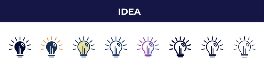 Poster - idea icon in 8 styles. line, filled, glyph, thin outline, colorful, stroke and gradient styles, idea vector sign. symbol, logo illustration. different style icons set.