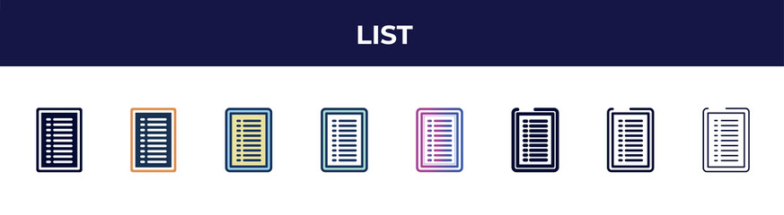 Poster - list icon in 8 styles. line, filled, glyph, thin outline, colorful, stroke and gradient styles, list vector sign. symbol, logo illustration. different style icons set.