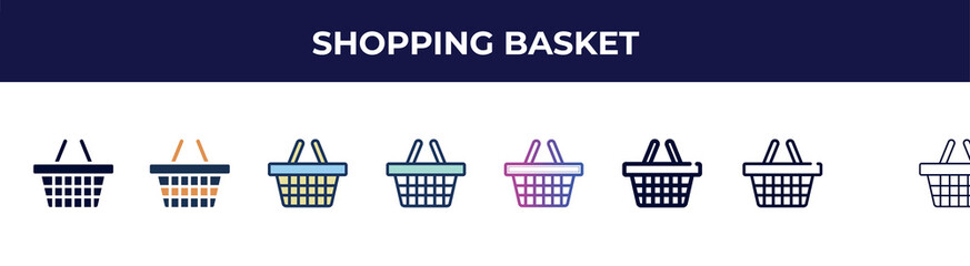 Poster - shopping basket icon in 8 styles. line, filled, glyph, thin outline, colorful, stroke and gradient styles, shopping basket vector sign. symbol, logo illustration. different style icons set.