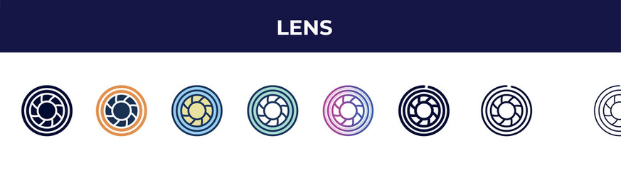 Poster - lens icon in 8 styles. line, filled, glyph, thin outline, colorful, stroke and gradient styles, lens vector sign. symbol, logo illustration. different style icons set.