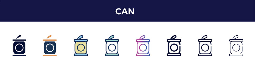 Poster - can icon in 8 styles. line, filled, glyph, thin outline, colorful, stroke and gradient styles, can vector sign. symbol, logo illustration. different style icons set.