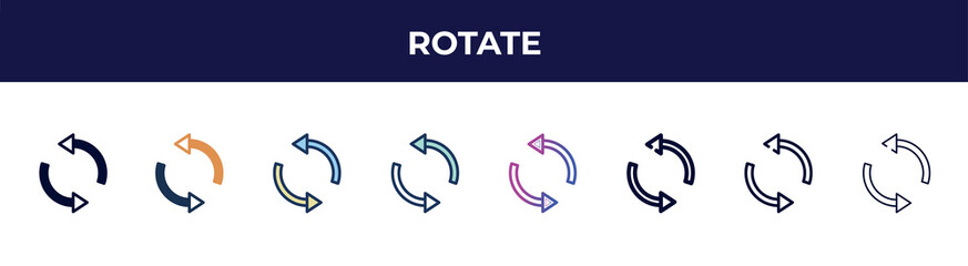 Poster - rotate icon in 8 styles. line, filled, glyph, thin outline, colorful, stroke and gradient styles, rotate vector sign. symbol, logo illustration. different style icons set.