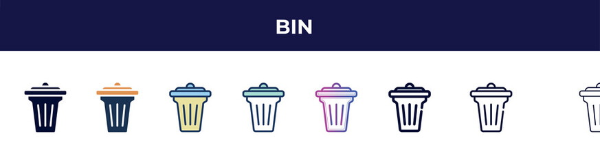 Poster - bin icon in 8 styles. line, filled, glyph, thin outline, colorful, stroke and gradient styles, bin vector sign. symbol, logo illustration. different style icons set.