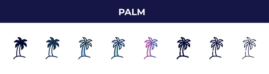 Poster - palm icon in 8 styles. line, filled, glyph, thin outline, colorful, stroke and gradient styles, palm vector sign. symbol, logo illustration. different style icons set.