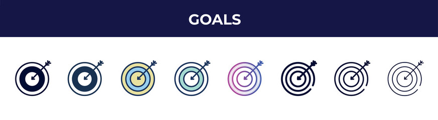 Poster - goals icon in 8 styles. line, filled, glyph, thin outline, colorful, stroke and gradient styles, goals vector sign. symbol, logo illustration. different style icons set.